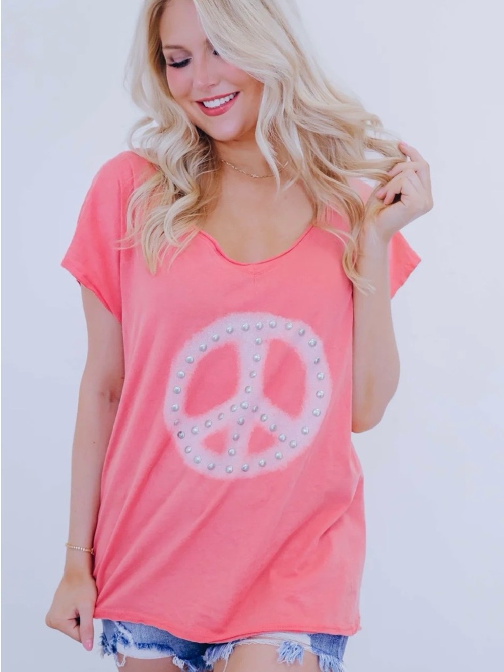 POL Women's Coral Pink Peace Stud Tee Size Small